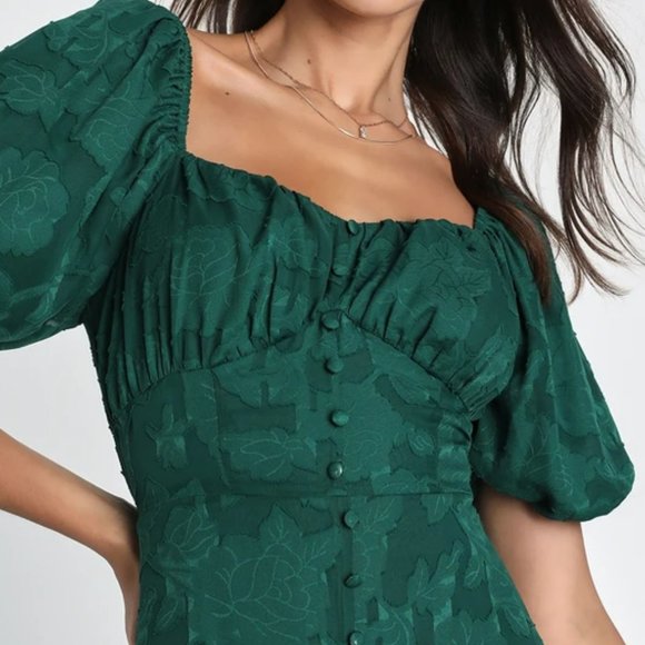 Emerald Green Floral Jacquard Midi Dress - Picture 2 of 3